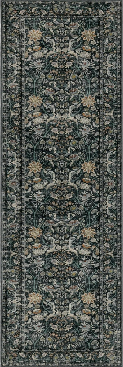 Washable Runner Rug 2x10: Vintage Boho Floral Carpet Runners for Hallway Entryway Non-Slip - Soft Botanical Low Pile Thin Mat for Kitchen Bathroom Bedroom Laundry Floor Decor - Dark Green