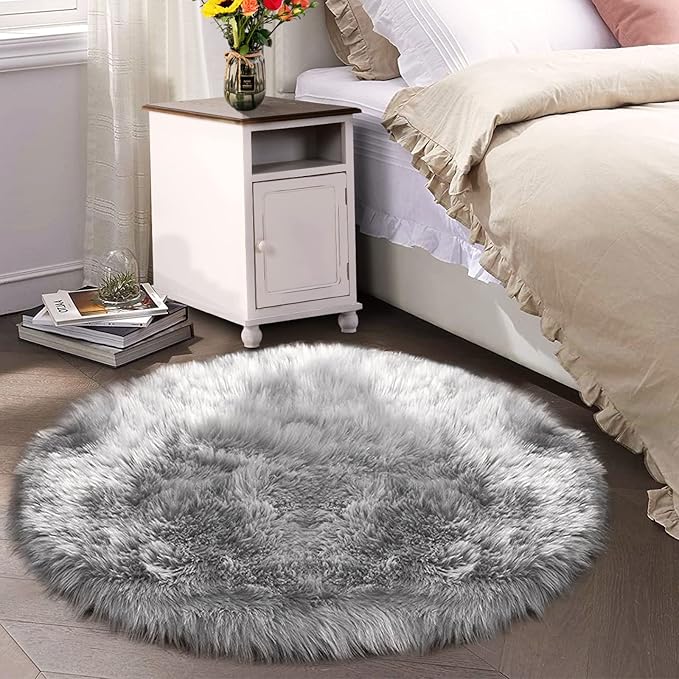 Latepis Grey Area Round Area 5ft Circle Fur Rug for Living Room Bedroom Rugs Faux Sheepskin Rug Washable Fluffy Plush Furry Rugs Home Deocr