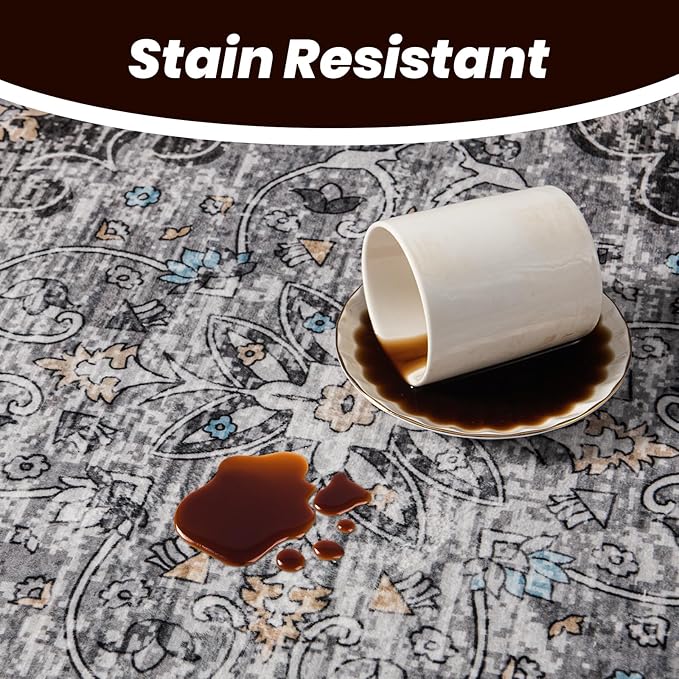 Rugs for Living Room, 8x10 Large Area Rugs Ultra Soft Washable, Vintage Boho Faux Wool Carpet for Dining Room, Bedroom, Office, Home Decor (Dark Grey)