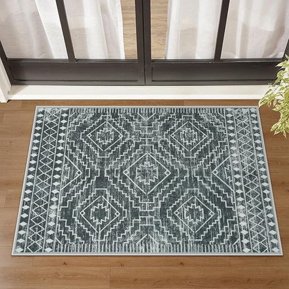 Wonnitar Moroccan Bathroom Rug,Washable 2x3 Small Bath Mat, Boho Tribal Soft Kitchen Sink Mat, Non-Slip Geometric Entry Way Rug, Low-Pile Indoor Carpet for Bedside Entrance Laundry (Dark Grey,2'x3')