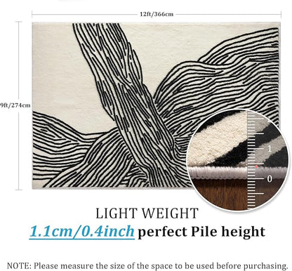 YIHOUSE 9×12 Ft Washable Rug, Black and White Abstract Area Rug for Bedroom, Living Room, Dining Room, Office, Playroom, Nursery, Ultra Thin Nonslip Modern Large Rugs Soft Contemporary Striped Rugs