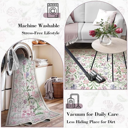 Wonnitar Boho Floral Area Rug 6x9, Washable Purple Rugs for Bedroom Girls, Non Slip Ultra-Thin Soft Indoor Baby Carpet for Nursery Dorm Kids Room Living Room, Light Purple/Pink