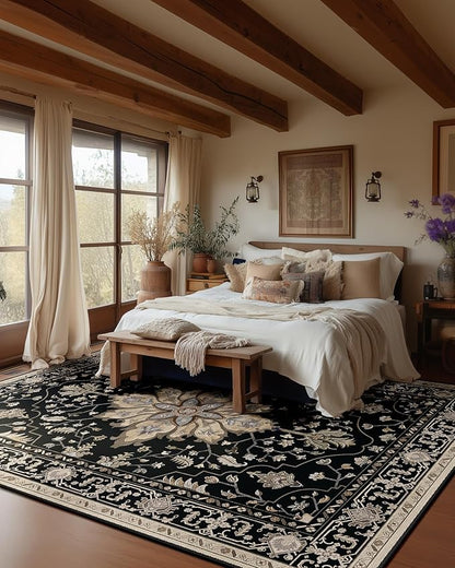 Area Rugs Square 8ft Washable Non-Slip, Floral Vintage Distress Print Pattern Medallion Carpet for Living Room Bedroom Dining Room, Black Brown Neutral Dark Tan