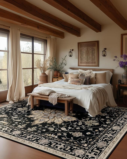 Area Rugs Square 8ft Washable Non-Slip, Floral Vintage Distress Print Pattern Medallion Carpet for Living Room Bedroom Dining Room, Black Brown Neutral Dark Tan