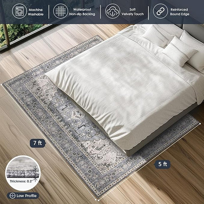 PURRUGS Vintage Farmhouse Boho Area Rug 5x7 ft, Non-Slip Machine Washable Rug, Accent Oriental Rug for Living Room, Dining Room, Bedroom, Entryway and Kitchen, Periwinkle Gray/Soft Ivory