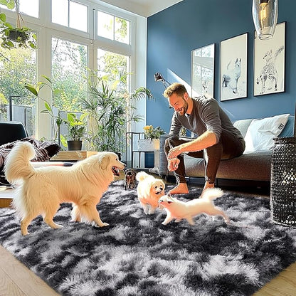 Plush Rugs for Living Room Shaggy Soft Area Rug High Pile Fuzzy Rug Non-Slip Indoor Floor Carpet Plush Area Rugs for Living Room Tie Dye Black White 9x12