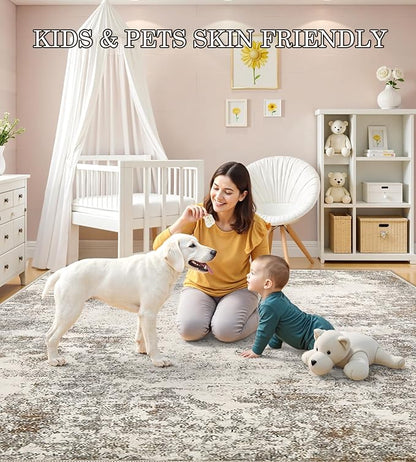 6x9 Washable Area Rugs - Modern Abstract Rugs for Living Room Non-Slip Low Pile Soft Machine Washable Carpet for Bedroom, Dining Room, Nursery, Home Office, Farmhouse (6'x9' Brown Grey)