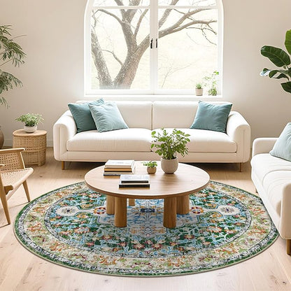 U'Artlines Boho Vintage Round Area Rug 6ft Machine Washable Low Pile Soft Floor Carpet Non Slip Non Shedding Accent Rug for Living Room Bedroom Entryway Dining Room Office Green