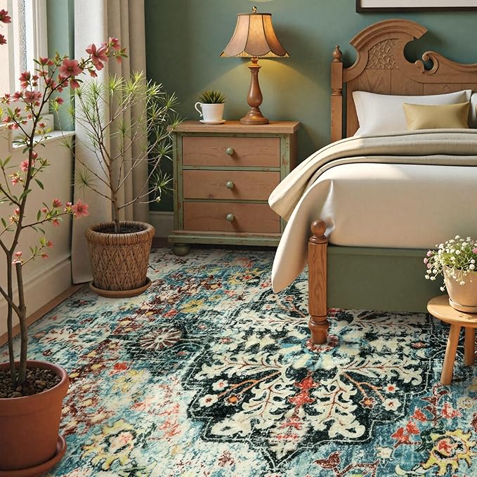 Lahome Area Rugs 6x9, Washable Area Rugs for Living Room Non Slip Bedroom Dining Room Rug, Large Bohemian Soft Stain Resistant Indoor Floor Carpet for Apartment Nursery Kids Room, Teal