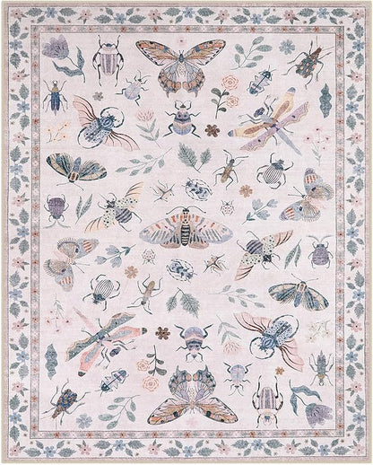 Lahome Insect 9x12 Area Rugs for Living Room Bedroom, Soft Washable Rugs 9x12 Stain Resistant, Ultra-Thin Non-Slip Non-Shedding Accent Carpet for Dining Room Office, Pink