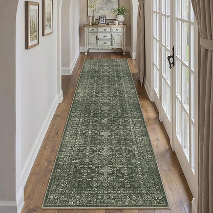 2x10 Hallway Washable Runner Rug Vintage Green Boho Extra Long Runners for Kitchen, Bathroom, Distressed Floral Floor Mat Non-Slip Farmhouse Carpet