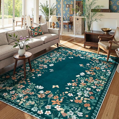 Wonnitar Washable 5x7 Floral Rugs for Living Room, Non-Slip Soft Bedroom Rug, Vintage Low Pile Dining Room Teal Green Area Rug Floor Carpet for Mud Room (Teal Green,5'x7')