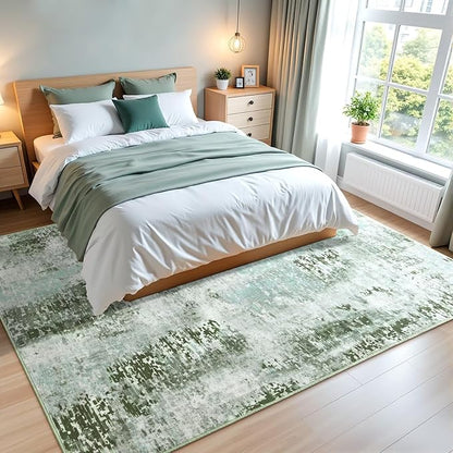Washable Abstract Rug, 3x5 Modern Area Rugs with Non-Slip Rubber Backed for Bedroom, Thin but Soft Contemporary Carpet Kitchen Living Room Decor, Green