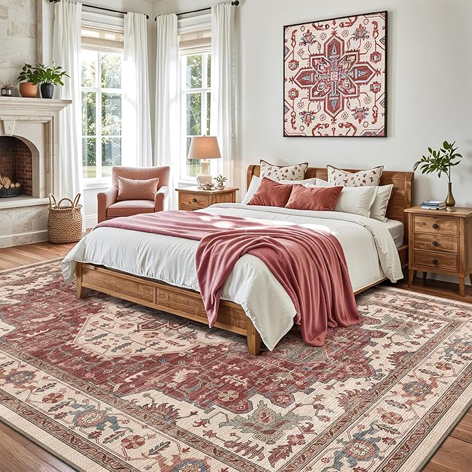 LUMI 8x10 Washable Area Rug for Living Room, Ultra Soft Traditional Vintage Red Rugs Non Slip with Rubber Backing, Low Profile, High Traffic, Stain Resistant Carpets, Ideal for Bedroom, Dining Room