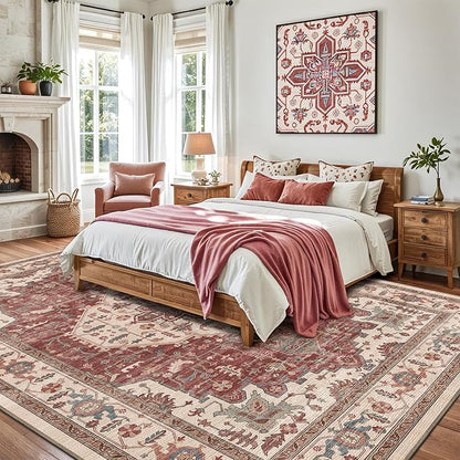 LUMI 8x10 Washable Area Rug for Living Room, Ultra Soft Traditional Vintage Red Rugs Non Slip with Rubber Backing, Low Profile, High Traffic, Stain Resistant Carpets, Ideal for Bedroom, Dining Room