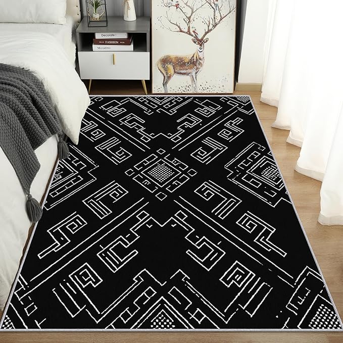 Geometric Rug, Washable 3x4 Rug for Living Room, Black and White Patterned Indoor Carpet, Modern Geometric Decor for Home, Bedroom, Soft Non Slip Thin Design FER13