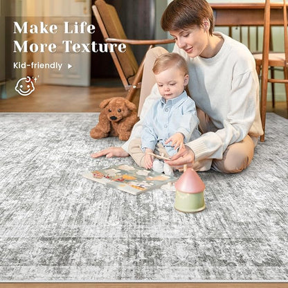 8x10 Area Rugs for Living Room: Washable Large Vintage Floral Rug Low Pile Non-Slip Boho Carpet for Bedroom Dining Home Office (Grey, 8'x10')