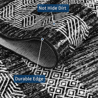 GarveeHome Large Washable Rug 9x12 Modern Geometric Non Slip, Distressed Bordered Printed Rug, Soft Non Shedding Indoor Carpet, Low Pile Thin Foldable Mats for Open Spaces Offices, Black