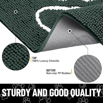Smiry Dog Door Mat for Muddy Paws, Absorbent Dirt Trapper Non Slip Quick Dry Washable Chenille Mat for Mud Dogs, Entry Rug for Indoor and Outdoor (47x32 Inches, Green and White)