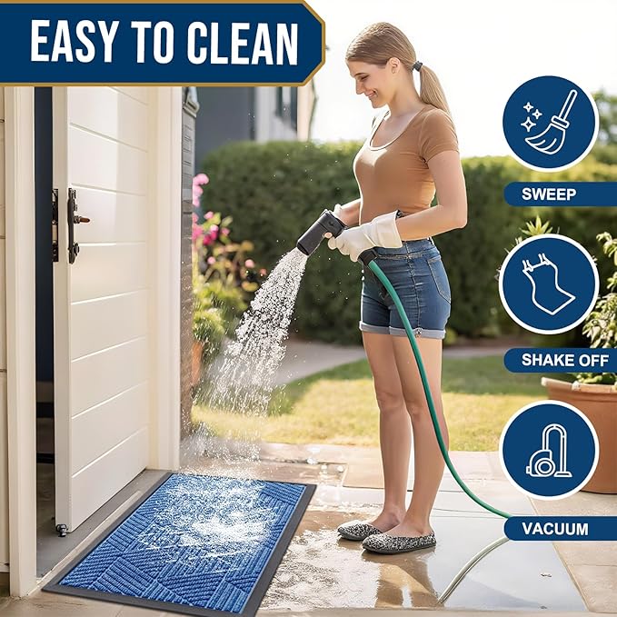 Kitinjoy Front Door Mat Outside Entrance, Sturdy Natural Dirt Trapper, Heavy Duty Rubber Doormat, Low Profile Non-Slip Backing, Easy Clean Floor Mat for Indoor Outdoor Entry, 29.5X17 Inch, Blue