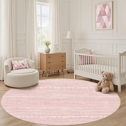 Nakagishi Round Rug Kitchen Washable Rugs: 6x6 Non-Slip Boho Soft Modern Stain Resistant Indoor Floor Neutral Farmhouse Throw Carpet for Hallway Bathroom Laundry Room Entryway Bedroom- Pink