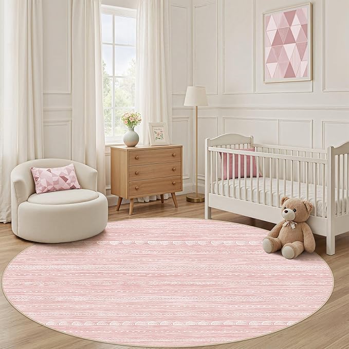 Nakagishi Round Rug Kitchen Washable Rugs: 4x4 Non-Slip Boho Soft Modern Stain Resistant Indoor Floor Neutral Farmhouse Throw Carpet for Hallway Bathroom Laundry Room Entryway Bedroom- Pink