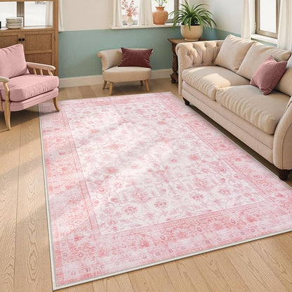 LIVEBOX Pink Area Rug 6x9, Vintage Living Room Rug Machine Washable Area Rugs, Pink Rugs for Bedroom Girls, Indoor Carpet for Dining Room Nursery Dorm Home Decor