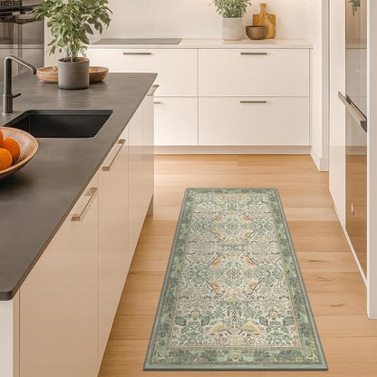 Washable Sage Green Floral Rugs for Entryway - Small 2x4 Runner Rug for Kitchen Bathroom Door Mat Indoor Entrance with Bird & Botanical Pattern, Light Green and Beige, Non Slip Low Pile