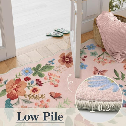 Lahome Floral Washable Rugs, 4X6 Pink Rugs for Bedroom Girls Ultra-Thin Soft Living Room Rug, Non-Slip Stain Resistant Boho Throw Carpet for ‎Nursery Office, Light Pink