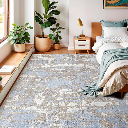 WITSHOCK Abstract 9x12 Rugsfor Living Room: Blue Brown Rugs for Bedroom Aesthetic, Dining Room Under Kitchen Table, Washable Soft Non Slip Large Area Eclectic Unique Décor