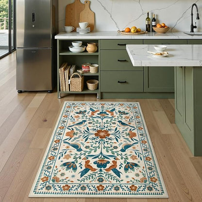 Moynesa 3x5 Entryway Rug Indoor, Modern Bohemian Washable Non-Slip Low Pile Area Rug for Kitchen Bedroom Entry,Lightweight Foldable Farmhouse Floral Bird Print Pattern Carpet Retro Home Decor