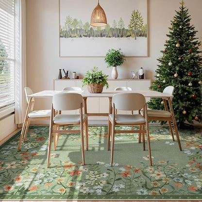 Wonnitar Washable 8x10 Living Room Area Rug, Large Green Floral Rugs for Bedroom, Non-Slip Soft Botanical Area Rug Throw Carpet for Dining Guest Room Playroom (Green,8'x10')