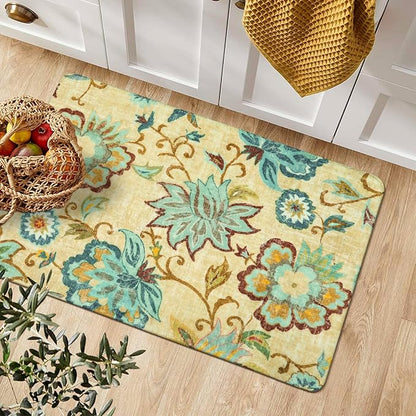 Lahome Floral Entryway Rug - 2x3 Small Throw Bedroom Rugs Non-Slip Washable Kitchen Rugs Beige Paisley Print Bathroom Mat Accent Distressed Doormat Floor Carpet for Laundry Room Living Room Office