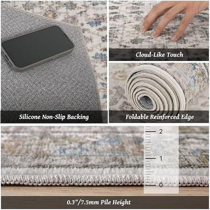 Washable 5x7 Area Rugs for Living Room, BoHo Non-slip Vintage Distress Rugs for Bedroom Dining Room Nursery Office, 0.3" Neutral Oriental Throw Thin Carpet with Cushioning Pad, Cream/blue/Orange/Multi
