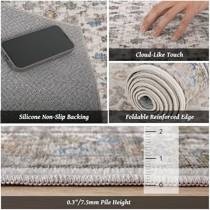 Washable 10x14 Area Rugs for Living Room, Boho Non-Slip Vintage Distress Large Rugs for Bedroom Dining Room Office, 0.3" Neutral Oriental Throw Thin Carpet, Cream/Blue/Orange/Multi
