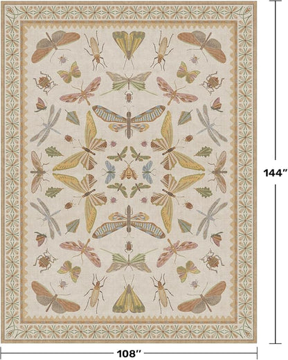 Large Beige Farmhouse Rugs for Living Room - 9x12 Area Rug for Bedroom, Dining Room, Kids Playroom, Stain Resistant Non Slip Low Pile Lightweight Carpet Indoor Butterfly Décor