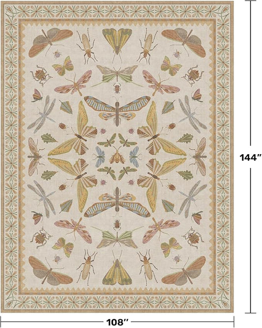 Beige Dining Table Rug - 6x9 Area Rugs for Bedroom, Living Room, Cute Kids Room, Large Fun Insect Butterfly Vintage Non-Slip Décor, Low Pile Stain Resistant