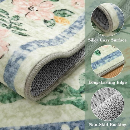 Wonnitar Washable Round Area Rug, 5ft Green Floral Round Rug Boho Soft Circle Carpet, Non Slip Low Pile Circle Accent Carpets for Kitchen Living Room Entryway Bedroom