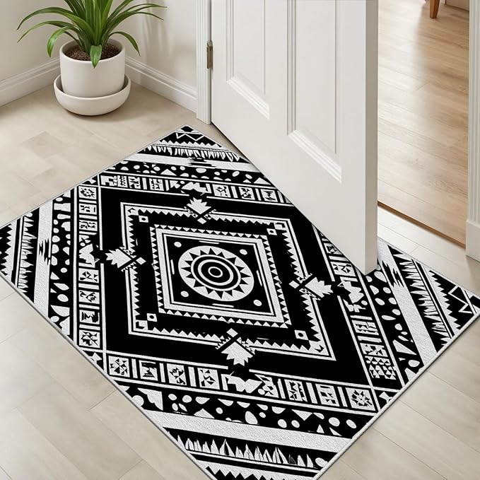 Area Rugs for Living Room 4x6, Moroccan Washable Low Pile Rug, Boho Neutral Farmhouse Ultra Soft Carpet for Bedroom Dining Room Home Decor, Geometric Print Tribal Carpets Black and White