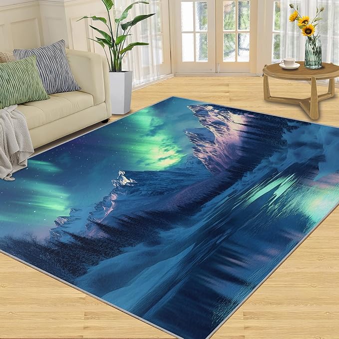 3x6 Snowy Mountains Bedroom Rug Under Bed - Aurora Borealis Kids Room Rugs, Polar Landscape Bedroom Runner Rug Soft Washable for Living Room Kitchen