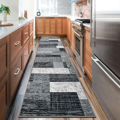 Indoor Runner Rug, Washable Runner Rug with Rubber Backing, Modern Geometric Patchwork Aesthetic Carpet for Bedroom, Living Room, Hallway, Entryway, Washable Rugs Rockwood Collection, 2.7x8 Ft Grey