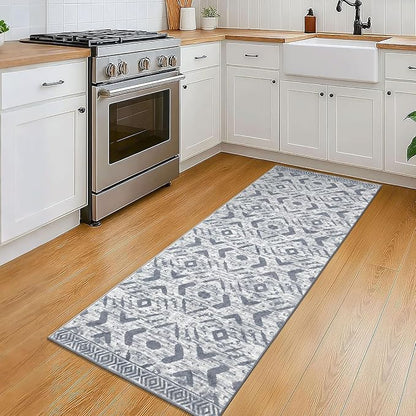 KILOCOCO Kitchen Runner Rug Hallway Runner Rug Washable, Soft Runners Rugs Non Slip Printed Distressed Laundry Room Rugs, Low-Pile Runners for Entryway/Bedroom/Living Room, 2x5 Gray/White