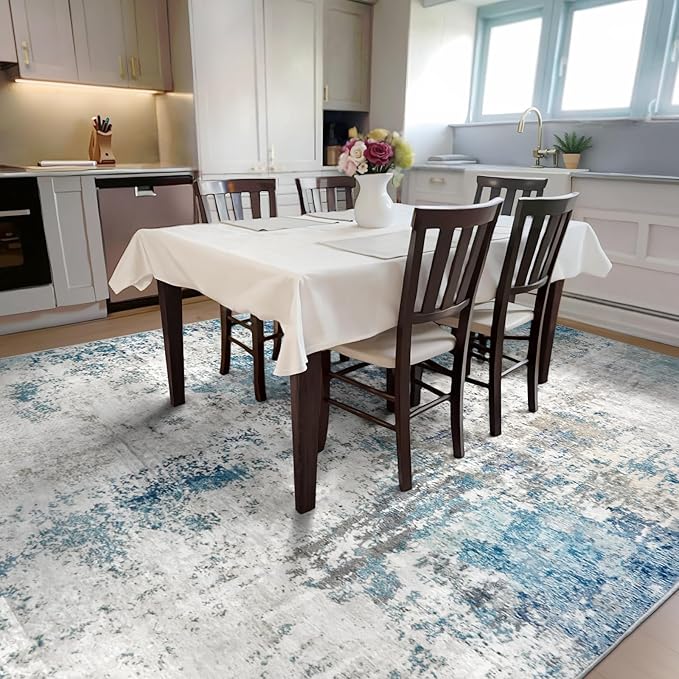 Washable Area Rug for Living Room 6x9 - Neutral Modern Abstract Rugs, Soft Non Slip Thin Carpet with for Bedroom, Under Dining Room Table, Home, Office, Dorm - Blue Gray