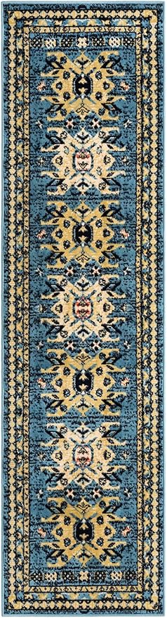 Unique Loom Taftan Collection Border Geometric Tribal Inspired Design Area Rug (2' 2 x 8' 2 Runner, Light Blue/ Gold)