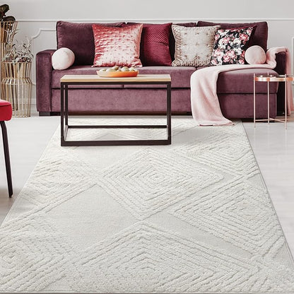 Antep Rugs Palafito 4x6 Geometric Shag Diamond High-Low Pile Textured Indoor Area Rug (White, 3'11" x 5'11")
