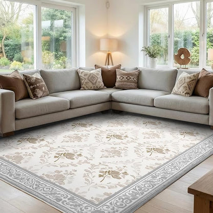 SOULFUL Medium Pile 8x10 Rugs for Living Room - Soft Underfoot Large Area Rug - Light Taupe Boho Floral - Washable Non-Slip - Perfect for Bedroom Kids Room Under Dining Table Office