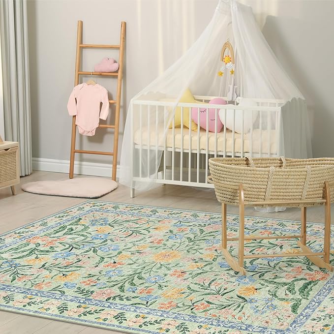 Morebes Washable Area Rugs 5x7 for Living Room, Boho Floral Green and Pink Nursery Rug Non Slip, Soft Vintage Flower Indoor Floor Carpet for Bedroom Dining Room, Sage Green