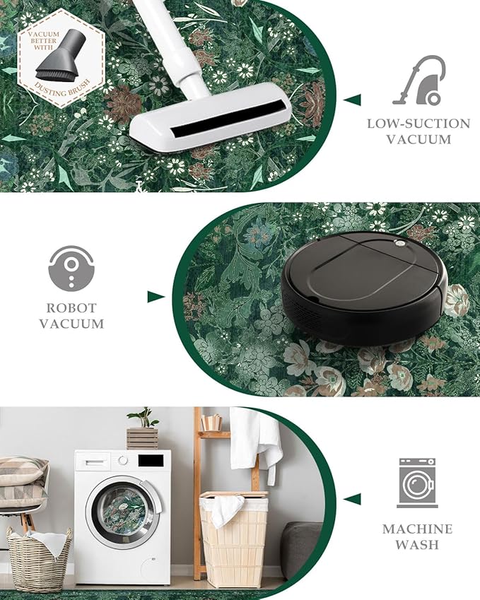 Green Boho Floral 3x5 Rugs for Large Entryway, Farmhouse Botanical Washable Area Rug for Dorm, Bedroom Bedside, Foyer, Kitchen, Laundry - Cottagecore Distressed Carpet, Low Pile Non Slip Mat