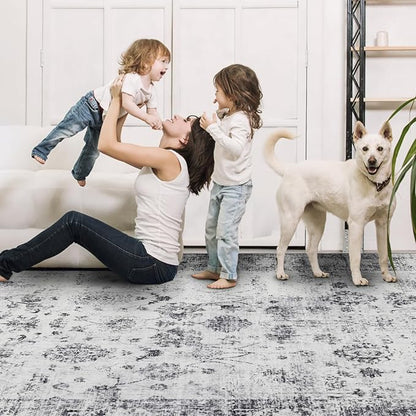 Washable Rugs 5x7 Area Rugs for Living Room, Thin Carpet for Bedroom, Soft Faux Wool Retro Dining Room Rug，Non Slip&Non-Shedding Resistant Low Pile Vintage Print Rug for Home Office (White/Grey)