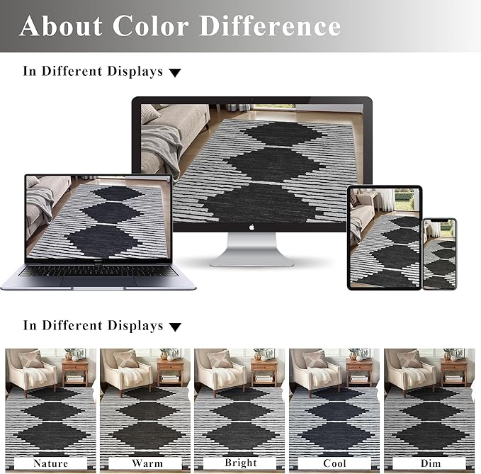 HelloTree Area Rug for Living Room 8x10 Washable Geometric Moroccan Rug Stripe Farmhouse Bohemian Minimalistic Non Slip Non Shedding Ultra Thin Soft Rug for Bedroom Office DiningRoom Nursery-Black